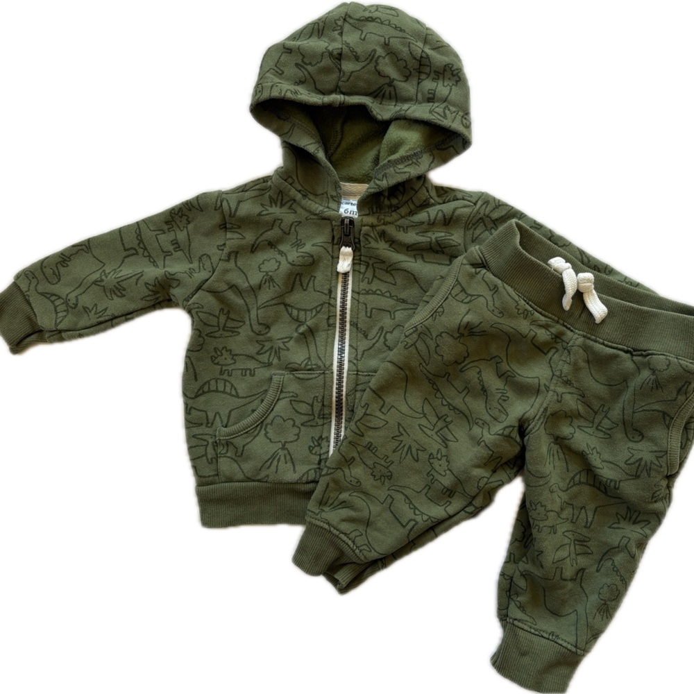 Carter's green Dinosaur sweatpants and full zip hoodie set baby boy 6m